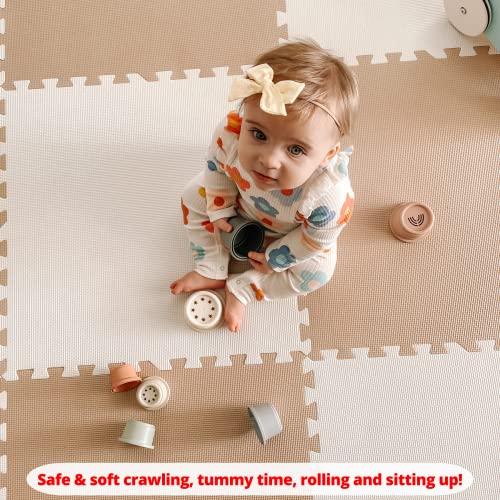 Extra Large Baby Play Mat Tiles Thick Foam Non-Toxic Floor Puzzle Mat Interlocking Activity Playmat for Infants Toddlers Kids Crawling Tummy Time 74x74 Inches (Beige/White) - color: Beige/White
