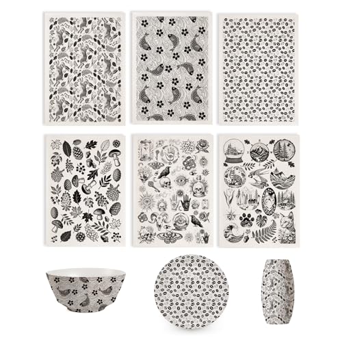 SUPERDANT 6PCS Rabbit Animals Underglaze Paper Transfer Fish Mushrooms Transfer Papers for Clay Ceramic Porcelain Under Glaze Transfers for Pottery Enamel Decals Black Underglaze Handcrafted Gifts