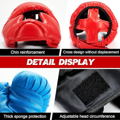 Kanayu 3 Pcs Boxing Headgears 3 Pair Gloves Set - color: Black, Blue, Red