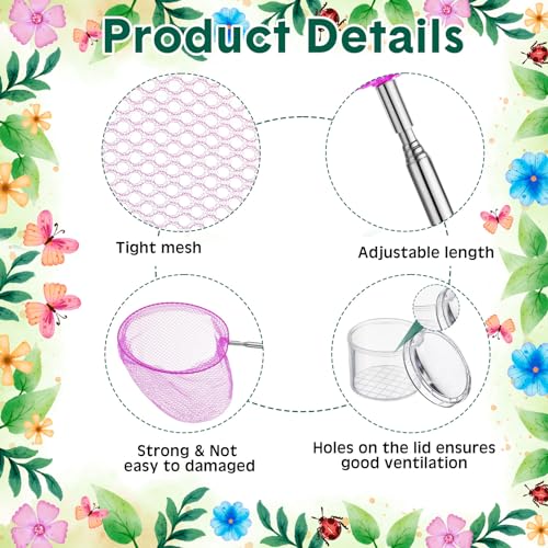 48 Pcs Kids Butterfly Fishing Nets Bulk Colorful Telescopic Butterfly Fishing Nets with Stainless Steel Pole Handle 34 Inch with 20 Pcs Plastic Insect Bottle Nature Exploration Toys