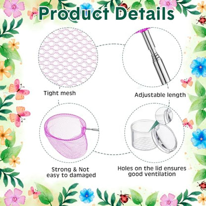 48 Pcs Kids Butterfly Fishing Nets Bulk Colorful Telescopic Butterfly Fishing Nets with Stainless Steel Pole Handle 34 Inch with 20 Pcs Plastic Insect Bottle Nature Exploration Toys