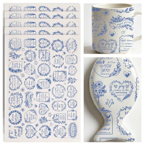 SUPERDANT 5Pcs Verses Underglaze Ceramic Decal 20.5x14.6Inch Scripture Pottery Waterslide Blue Script Transfer for Handmade Dishes Easy Apply for Coffee Cup Plate - style: Scripture
