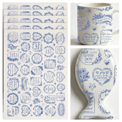 SUPERDANT 5Pcs Verses Underglaze Ceramic Decal 20.5x14.6Inch Scripture Pottery Waterslide Blue Script Transfer for Handmade Dishes Easy Apply for Coffee Cup Plate - style: Scripture