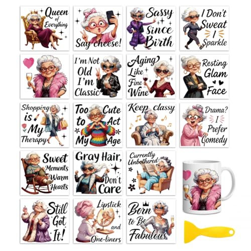 Peacoblue 18 Sheets Rub on Transfers for Crafts, Funny Grandma 3.6"x3.9" UV DTF Cup Wraps Waterproof Rub on Cold Transfers Stickers for Wood Glass Metal Cup Tumblers Mirrors Mugs Home Decor - style: Funny Grandma