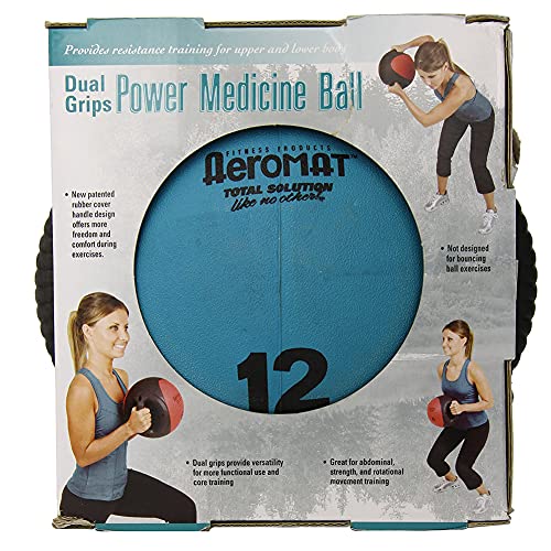 AEROMAT Dual Grip Power Medicine Balls for Abdominal Training and Rotational Movements - 9" Diameter - Weights Color-Coded - style: 12 lbs - Black/Teal