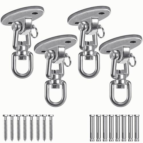 SELEWARE Ceiling Swing Mount Stainless Steel Swing Hangers Swing Hook 4 Pcs | 360° Swivel Swing Hardware for Aerial Yoga Indoor Outdoor Swing Set Porch Swing Hammock Chair Punching Bag 2000 LB Capacity - color: Silver - 360° Swing Hanger ( 4 Pack )