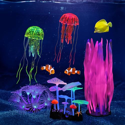 5 Pack Glow Aquarium Decorations Kelp Coral Mushroom Sun Flower Jellyfish Simulation Glow Plant Glowing Effect Silicone for Fish Tank Decorations - color: 5 Pcs(kelp+mushrooms+sun Flower+2x Jellyfish)