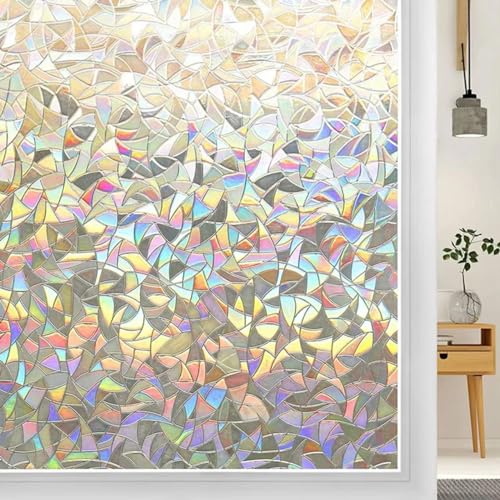 Donox Rainbow Window Privacy Film Decorative Sticker,3D Static Stained Glass Window Cling,Anti-UV Sun Blocker Heat Control for Home,Non-Adhesive 17.5 x 78.7 inches - color: Rainbow Clear, size: 17.5"x 78.7''