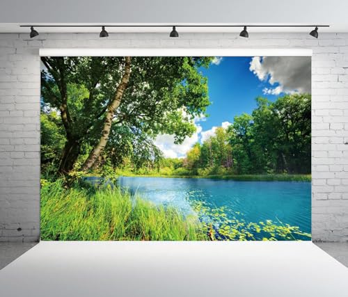 Polyester 7x5ft Park Scenery Backdrop River Blue Water and Tree Forest Garden Blue Sky Outdoor Picnic Spring Background Camping Hiking Photo Background Countryside Field Backdrop - size: 7x5ft