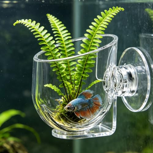 Naroote Suction Cup Aquarium Planter Transparent Acrylic Plant Holder 48x49 mm with Wide Sloped Openings for Fish Tank Shrimp Fry Xmas Moss (Large Size)