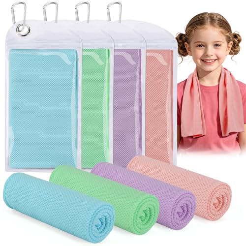 Acostop 4 Pack 9"x30" Breathable Soft Kids Cooling Towels for Hot Weather | Cooling Neck Wraps with UPF 50 Sun Protection, Cooler Towel Rags for Running Exercise School Outdoor Sports - color: Sky Blue & Pink & Purple & Green