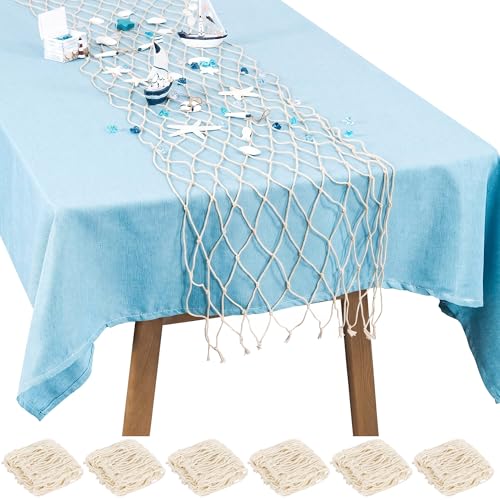 6 Pcs Fish Net Party Decorations Fishing Net Table Runner Decorative Nautical Cotton Fishnet for Pirate Mermaid Hawaiian Ocean Beach Under the Sea Themed Party Decor (Natural) - color: Natural