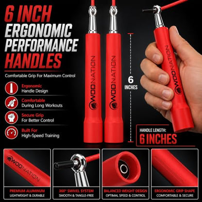 WOD Nation Adjustable Speed Jump Rope For Men, Women & Children - Blazing Fast Fitness Skipping Rope Perfect for Boxing, MMA, Endurance - color: Red