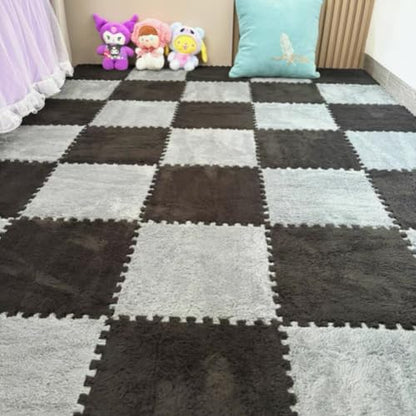 10 Pieces Plush Puzzle Play Mat 12''x12''x0.4'' Interlocking EVA Foam Mats,Shaggy Fluffy Carpet Floor Tiles Non-Slip Protective Floor Area Rug (Grey Black) - color: Grey Black