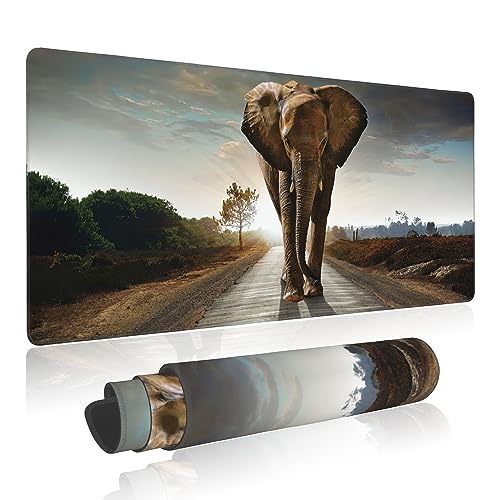 Extended Gaming Mouse Pad Elephant Walking in Road Large Mousepad with Stitched Edges,Anti-Slip Rubber Base Keyboard Mouse Mat Desk Pad for Gaming Home Office 35.4 x 15.7 inches - color: Elephant Walking in Road