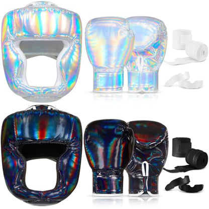 Kanayu 14 Pcs Boxing Gloves and Headgear Set for Beginners Youth 16 Ounce Boxing Gloves Headgear Helmet Hand Wraps Mouth Guards Equipment for Beginners Training Equipment Gifts - color: Laser Color
