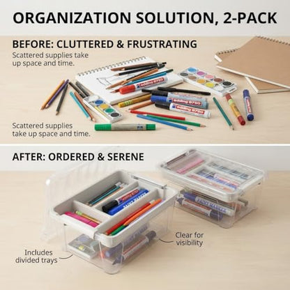 8-Quart Clear Plastic Storage Box with Removable Tray 2-Pack Craft Bins Organizers Containers