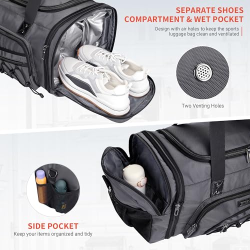 WITZMAN Mens Duffle Bag Expandable 45L Travel Gym with Shoe Compartment - color: Silvery Grey