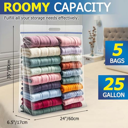25 Gallon Jumbo Storage Bags, 3.5 Mil Thick Clear Plastic Zipper Bags with Handles, 35" x 24" Extra Large XL Heavy Duty for Home, Travel, and Moving (5 Packs) - size: 5 Jumbo