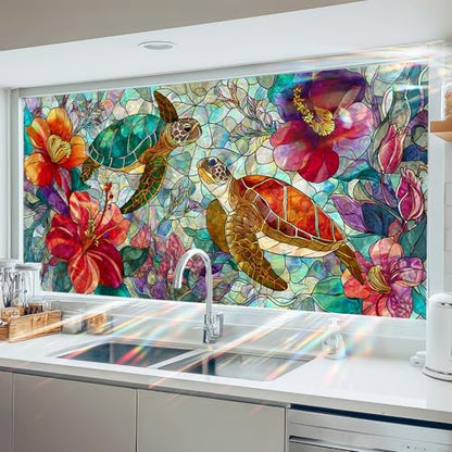 Window Film Sea Turtle Tropical Flower Design PVC Privacy Window Film for Glass Panels 39.3x17.7 Inches Bathroom Living Room Stained Glass Windows Film Static Cling Decorative Home Decor