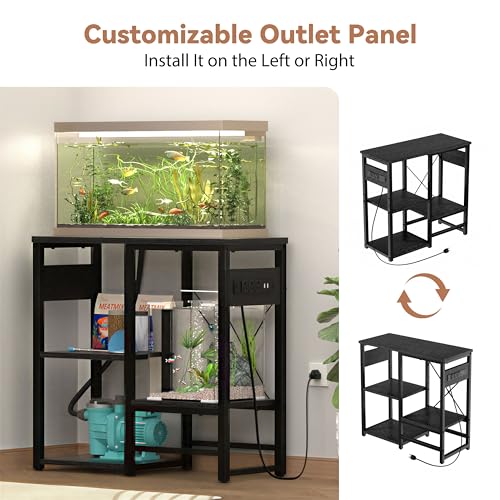 5-10 Gallon Fish Tank Stand with Power Outlets, 4 Tier Metal Aquarium Stand with Wood Storage Shelves, 20.3" L x 10.6" W x 30.3" H Turtle Reptile Fish Tank Table Aquarium Table - Black