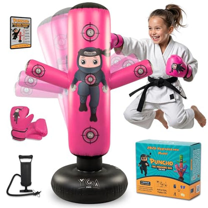 PUNCHO Punching Bag for Kids 3-12 with Boxing Gloves, Pump and Play Book - color: Pink
