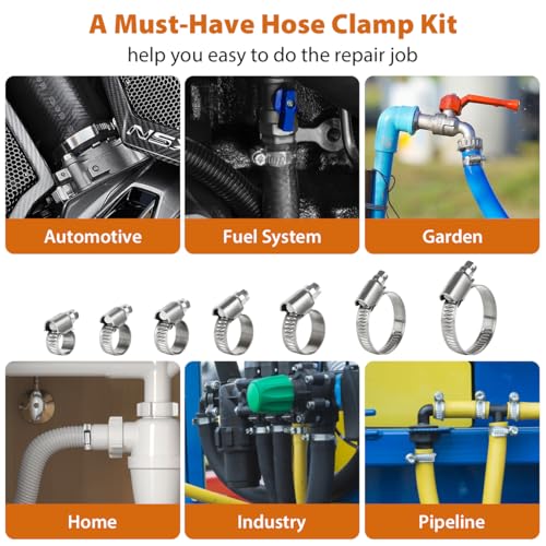 Heavy Duty Hose Clamp, Stainless Steel Hose Clamps Assortment for 1/4 Inch to 1-1/2 Inch Hose Pipe,100 PCS Small Worm Gear Hose Clamp Kit for Fuel Line Radiator Coolant Plumbing Automotive