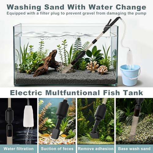 10-100 Gallon Fish Tank Vacuum Gravel Cleaner Electric: Aquarium Vacuum Gravel Cleaner with Adjustable Flow Sock Filter and Water Circulation，DC24V Strong Suction Quiet Pump for Fresh Salt Turtle Tank | One handed sand washing | Internal circulation filtr