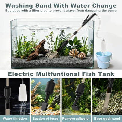 10-100 Gallon Fish Tank Vacuum Gravel Cleaner Electric: Aquarium Vacuum Gravel Cleaner with Adjustable Flow Sock Filter and Water Circulation，DC24V Strong Suction Quiet Pump for Fresh Salt Turtle Tank | One handed sand washing | Internal circulation filtr