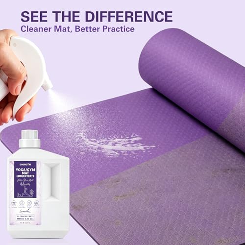 Yoga Mat Cleaner Concentrate Makes 6.86 Gal(1:25) - Removes Sweat & Odor | Powered By Essential Oil, Yoga Mat Cleaner Spray - No Sticky Residue, Plant Based & Safe for All Mats(33.8oz, Lavender) - size: 33.8 Fl Oz (Pack of 1)