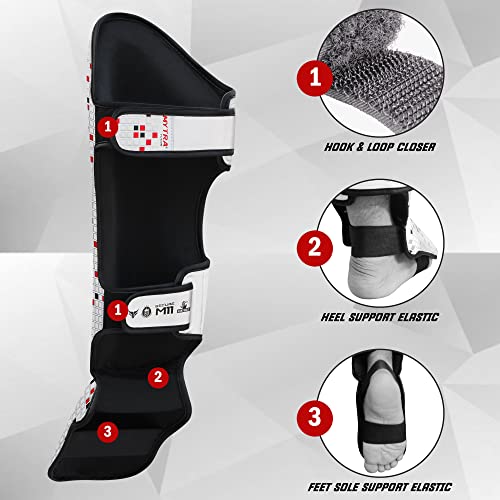 Mytra Fusion Shin Guards MMA, Muay Thai Shin Guards – Shin Instep Protection for Kickboxing, Training, BJJ, Sparring, Boxing Gear and Martial Arts - color: White, size: Medium