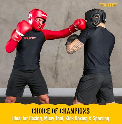 Elite Sports Boxing Headgear Men, Boxing Head Guard Sparring Gear, MMA Headgear Kickboxing Muay Thai Training Helmet, Protective Fighting Gear, Adjustable Face Protection - color: Red