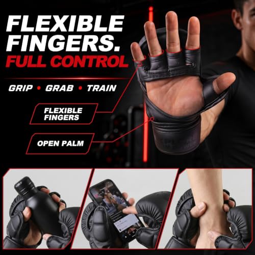 LIBERLUPUS MMA Gloves for Men – Punching Bag Gloves for Men, Open Palm Training Gloves for MMA Sparring, Kickboxing, Muay Thai, Youth Self-Defense, Durable Synthetic Leather with Wrist Support - size: Small-Medium