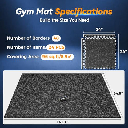 SUPERJARE 1" Extra-Thick Rubber Top Exercise Mat, Gym Flooring for Home Gym | Puzzle Gym Mat for Workout Equipment, Interlocking Floor Tiles with EVA Foam, 24 Pcs 96 Sq Ft, Black/Grey - size: 24 Tiles (96 Sq Ft)