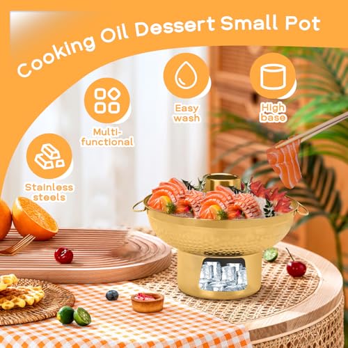 8.6 In 304 Stainless Steel Shrimp Cocktail Serving Dish, Groove Hotpot Chilled Serving Tray Gold with Ice Button, Cold Fruit Platter Tray for Parties Drinks Veggies Seafood Salad Sushi (Gold)