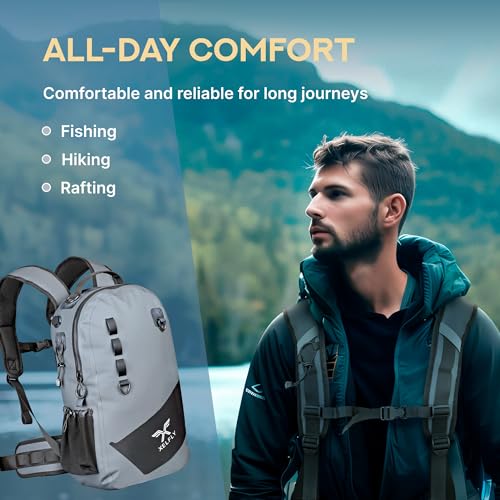 Xelfly - Waterproof Fishing Backpack with Rod Holder, Inflatable Air Valve, Padded Waist Straps & Gear Loops - Submersible Zipper, Rugged Top Handle, Adjustable Attachments (Blue) - color: Blue, size: Fishing Backpack