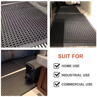 2 Pack Rubber Floor Mat, 36"x60" Anti-Fatigue Door Mat w/Holes for Restaurant, Kitchen, Bar, Indoor/Outdoor, Black