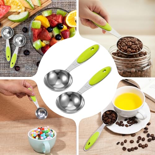 2 Pcs 1 Tbsp (3tsp, 15ml, 1/2oz) Single Measuring Spoons, Stainless Steel with Green Silicone Grip Long Handle Measuring Scoop for Coffee Pet Food Grains Protein Spices Dry Goods - color: Green