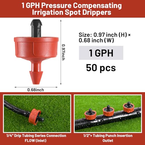50 PCS 1 GPH Pressure Compensating Drip Irrigation Spot Watering Dripper, Standard Flow Drip Irrigation Emitters Heads for Vegetables Flowers Irrigation Drippers Parts for Outdoor Garden Beds Balcony - size: 1 GPH 50PCS