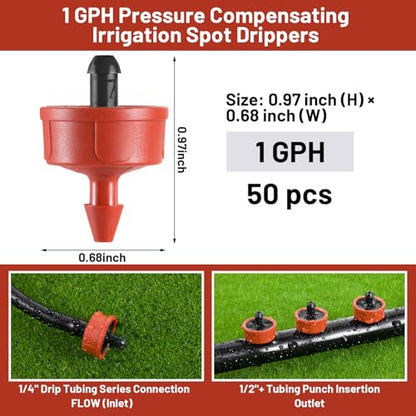 50 PCS 1 GPH Pressure Compensating Drip Irrigation Spot Watering Dripper, Standard Flow Drip Irrigation Emitters Heads for Vegetables Flowers Irrigation Drippers Parts for Outdoor Garden Beds Balcony - size: 1 GPH 50PCS