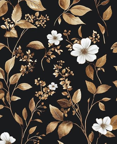 Extra Long Peel and Stick Wallpaper, Thick Self Adhesive Vinyl Roll, Removable Waterproof Contact Paper for Bedroom Bathroom Accent Wall, Vintage Metallic Leaf Floral Decor Black Gold, 17.5" x 393" - color: Black/Gold/White, size: 17.5" x 393"