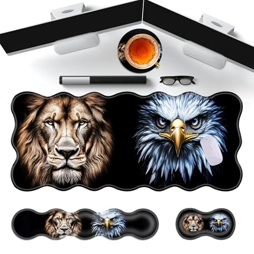 Large Gaming Mouse Pad, Keyboard Wrist Rest Pad & Wrist Support Mousepad Set, Stitched Edge, Extended, Non-Slip Base, Memory Foam Desk Mat for Office, Home,Lion and Eagle Face Art - color: Lion and Eagle Face Art