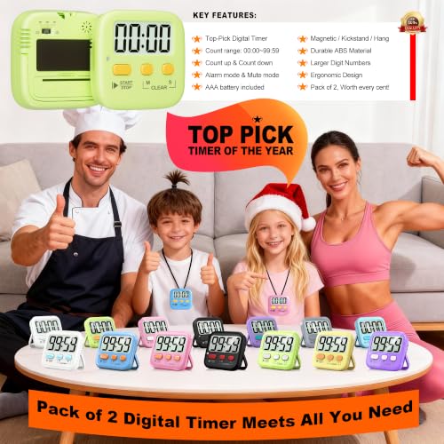Antonki 2 Pack Digital Timer for Kids Classroom Kitchen Timers for Cooking - color: Light Green