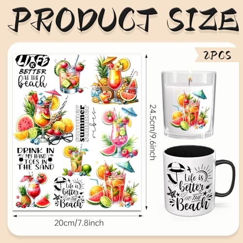 UV DTF Cup Wrap Summer Drink Transfer Stickers for Tumblers and Glasses, 2 Sheets Rub On Decals for Cups, Mugs, Water Bottles - style: Summer Drink