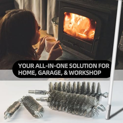 Drill-Powered Chimney & Pipe Cleaning Brush Kit - 50" Flexible Rods, 4 Stainless Steel Brush Heads (15-50mm), for Fireplace, Auto Parts, Tubes
