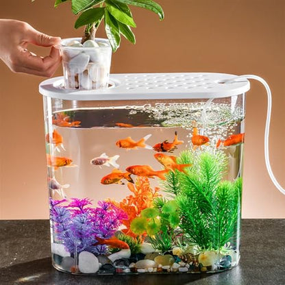 Fish Bowl Transparent Acrylic Fish Tank with Breathable Lid and Easy to Move Carrying Handle Living Room Office Desktop Decorative Fish Tank Planter Aquariums(White)
