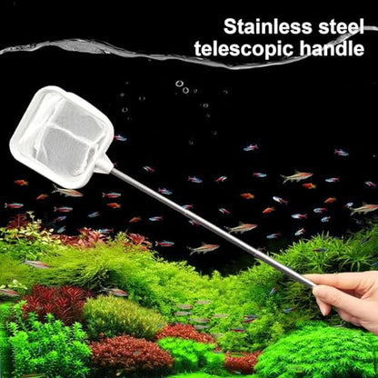 Fish Tank Net with Telescopic Stainless Steel Handle Deeper Mesh Bag Fish Net Square Fish Tank Net for Shrimp Baby Fish Food Residue Debris White - color: White