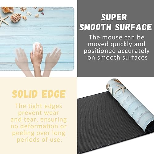Large Mouse Pad Shells on Light Blue Wood Extended Gaming Mouse Pad Non-Slip Desk Mat with Stitched Edge Laptop Computer Keyboard Mousepad for Office Home 35.4" x 15.7" - color: Shells on Light Blue Wood