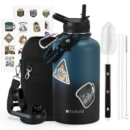WixByti 64oz Insulated Water Bottle, Half Gallon Stainless Steel Water Jug - color: Blue/Black Gradient, size: 64 Ounces