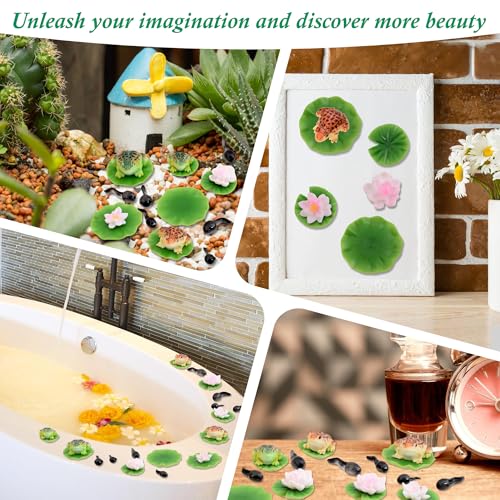 30 Pcs Mini Resin Pond Accessories Miniature Floating Lotus Water Lily Pads Tiny Frog Tadpole Figurines for Aquarium Fairy Garden Bonsai Pond Pool Home Outdoor Water Decor DIY Crafts